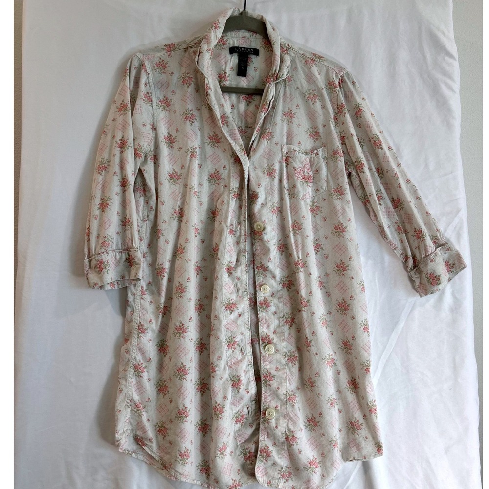 Lauren Ralph Lauren Pink Floral Plaid Monogram Cotton Blend Nightshirt Small